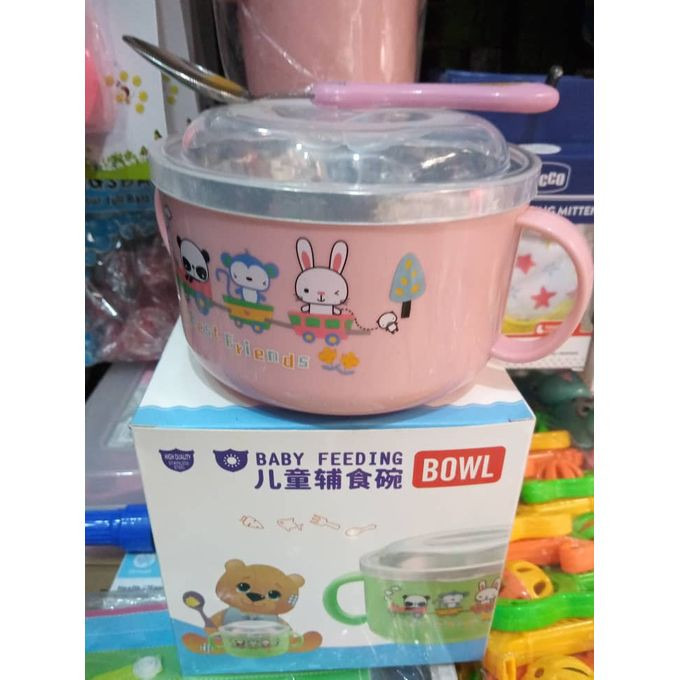 1 Baby Feeding Plate with cover+ 1 Spoon - Pink