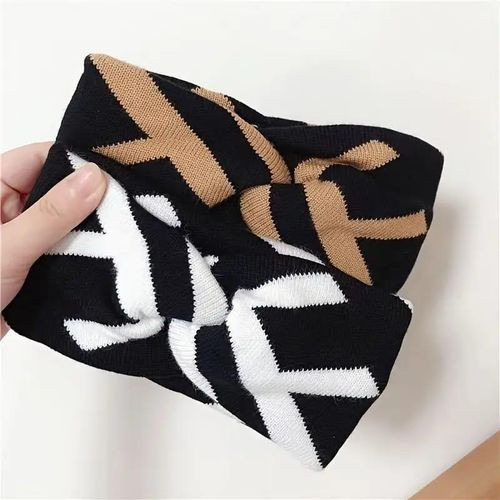 2pc Women's Thick Headband - Ultra-Wide Geometric Pattern Winter Hair Band for Cold Weather, Black & White or Brown & White