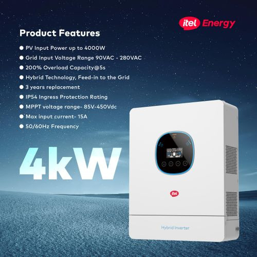 itel Energy 4kW Hybrid Solar Inverter – Powers ACs, Fridges & TVs (24V, IP54 Rated)